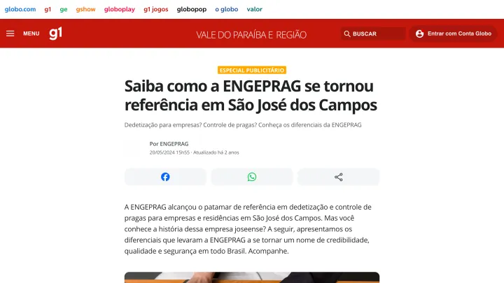 Matéria do g1 Vale do Paraíba: Saiba como a ENGEPRAG se tornou referência em São José dos Campos
